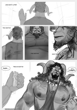 anthro beard big_muscles clothing curly_hair dialogue eyewear facial_hair glasses goatee hair jewelry large_male licking licking_lips long_hair male muscular muscular_anthro muscular_male necklace nipples pecs shirt solo speech_bubble tank_top text time time_skip tongue tongue_out topwear wearing_glasses purplebirdman bovid caprine mammal sheep comic english_text hi_res monochrome