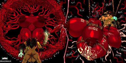 areola balls bdsm big_balls big_breasts big_butt biped bodily_fluids bondage bound breasts butt cum cum_inflation cum_inside duo female female_penetrated from_behind_position genital_fluids genitals huge_balls huge_breasts inflation inverted_nipples lactating larger_female male male/female male_penetrating muscular muscular_male nipples penetration pregnant pregnant_female red_body sex size_difference smaller_male suspension suspension_bondage ze_blackball.d the_flesh_god_(ze_blackball.d) humanoid absurd_res comic hi_res