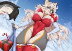 anthro big_breasts blonde_hair breasts christmas_clothing cleavage cleavage_overflow clothed clothing female hair holidays huge_breasts low-angle_view outside skimpy snow solo sorafoxyteils christmas canid mammal 2024