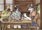 anthro black_body black_fur black_nose blue_eyes clothed clothing food front_view fur furniture grey_body grey_fur group inside male mouth_closed open_mouth open_smile plant side_view sitting smile table tan_body tan_fur tree trio white_body white_fur window yellow_eyes kola_(artist) border_collie canid canine canis collie domestic_dog german_shepherd herding_dog mammal pastoral_dog sheepdog wolf