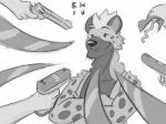 anthro clothing crossed_arms fur group gun gunpoint hair handgun humor male melee_weapon ranged_weapon smile smug solo_focus spots standing sword threatening topwear vest weapon eyeball6300_(chiv) knife_cat smug_cat avian hyena mammal spotted_hyena 2020 4:3 digital_media_(artwork) hi_res meme monochrome sketch