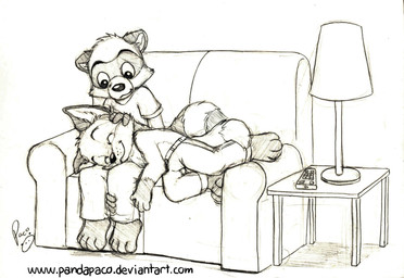 anthro cheek_tuft closed_smile clothed clothing duo eyes_closed facial_tuft glistening glistening_eyes head_tuft lamp logo lying male male_anthro mouth_closed on_lap on_side shirt sitting sleeping smile t-shirt text topless topwear tuft young young_anthro young_male pandapaco art_(pandapaco) biro_(pandapaco) canid canine fox mammal procyonid raccoon artist_logo hi_res monochrome signature sketch url
