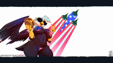 american_flag_bikini anthro areola bikini biped breasts burger clothed clothing eyewear feathered_wings feathers female flag_bikini flag_swimwear food open_mouth smile solo sunglasses swimwear thick_thighs two-piece_swimsuit wings sugarlesspaints accipitrid accipitriform avian bird eagle absurd_res hi_res
