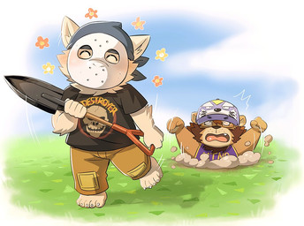 anthro blush bottomwear chibi clothing duo eyes_closed hat headgear headwear humanoid_hands kemono male mask outside pants shirt topwear kinoshita-jiroh animal_crossing nintendo felid lion mammal pantherine 2020