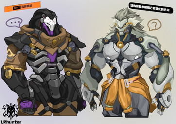 anthro armor clothing comparing duo ellipsis grey_body grey_hair hair jacket jacket_around_waist machine male male/male mane mask metallic_body muscular muscular_arms muscular_male nipples pecs question_mark speech_bubble standing text topwear lr_hunter_hati blizzard_entertainment mihoyo overwatch zenless_zone_zero banyue_(zenless_zone_zero) ramattra felid humanoid lion mammal omnic pantherine robot absurd_res chinese_text crossover hi_res translation_request