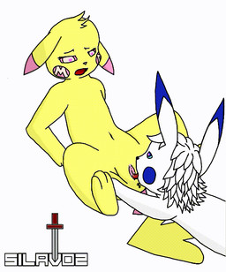 anus bodily_fluids clitoris cunnilingus drooling duo female feral fur genitals heart_eyes heart_symbol intersex intersex/female licking male open_mouth oral saliva sex spread_legs spreading tongue tongue_out vaginal vulva white_body white_fur yellow_body yellow_fur silavos nintendo pokemon milachu silavos_snow generation_1_pokemon pikachu pokemon_(species) animated archived_source