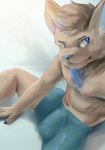 anthro blue_eyes boxers_(clothing) clothing fur grey_body grey_fur looking_at_viewer male nipples selfie sitting smile smirk solo underwear stampmats patreon canid canine canis domestic_dog mammal digital_media_(artwork) hi_res