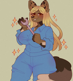 anthro arms_bent big_breasts black_nose black_spots black_tail blonde_hair blue_jumpsuit blush breasts brown_body brown_fur button_(fastener) clothed clothed_anthro clothed_female clothing curvy_figure dipstick_tail ear_tuft eyebrow_through_hair eyebrows eyelashes eyelashes_through_hair female fully_clothed fully_clothed_anthro fully_clothed_female fur hair holding_object holding_tool holding_wrench lidded_eyes light looking_at_viewer markings mechanic_outfit multicolored_body multicolored_fur multicolored_tail nipple_outline orange_eyes simple_background smile smiling_at_viewer solo sparkles spots spotted_ears standing tail tail_markings tan_tail_tip thick_thighs tools translucent translucent_hair tuft wide_hips wrench yellow_background suzeart jazz_(khainethewolf) african_wild_dog canid canine canis hybrid jackal mammal 2024 colored digital_drawing_(artwork) digital_media_(artwork) english_description hi_res lighting portrait shaded three-quarter_portrait