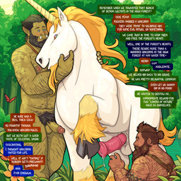 1_horn animal_genitalia animal_penis anthro arm_tattoo balls beaded_jewelry beaded_necklace beads beard black_beard black_eyebrows black_facial_hair black_hair black_pubes blonde_hair blonde_mane blue_eyes blush bodily_fluids body_hair braided_beard brown_beard brown_body brown_eyebrows brown_eyes brown_facial_hair brown_skin cloven_hooves dialogue dripping equine_genitalia equine_penis erection eyebrows facial_hair feral fingernails flower foreskin forest fur genital_fluids genitals goatee group hair hairy harness hooves horn humanoid_genitalia humanoid_hands humanoid_penis jewelry male male/male mane medial_ring multicolored_eyes muscular muscular_anthro muscular_male nails necklace nipple_piercing nipples outside penis piercing plant pointy_ears pond prayer_beads precum precum_drip pubes rainbow_eyes scar sheath speech_bubble tail tail_tuft tattoo text tied_hair tree trio tuft tusks white_body white_fur quasarbearcat mythology arthropod butterfly dwarf equid equine half_orc humanoid insect lepidopteran mammal mythological_creature mythological_equine orc unicorn absurd_res cel_shading hi_res shaded