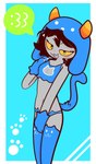 breasts cat_lingerie cat_tail cleavage clothed clothing costume emoticon female green_eyes horn lingerie open_mouth simple_background solo speech_bubble tail yellow_sclera conditional_dnp drawz_art homestuck ms_paint_adventures nepeta_leijon alien humanoid troll_(homestuck) absurd_res hi_res