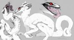 ambiguous_gender anthro black_claws black_lips claws curved_horn digitigrade fur grey_background grey_horn horn lips pupils red_eyes simple_background sitting slit_pupils solo tail teeth white_body white_fur white_skin ishimaurell monster synx 2022 hi_res multiple_images signature