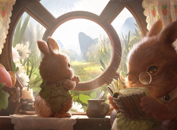 ambiguous_gender anthro book brown_body brown_fur candle chair curtains_open day detailed_background duo eyewear flower fur furniture glasses grass holding_book holding_object inside looking_out_window on_table plant reading reading_book round_glasses sitting standing table tail whiskers window jakob_eirich hasbro magic:_the_gathering wizards_of_the_coast lagomorph leporid mammal rabbit 2024 digital_media_(artwork) official_art
