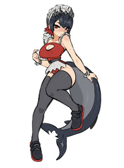 absolute_territory accessory black_clothing black_footwear black_hair black_shoes bracelet cleavage_cutout clothing crotch_apron cutout female footwear frilly frilly_accessory frilly_hairband hair hair_accessory hairband jewelry legwear leotard looking_at_viewer red_clothing red_eyes red_leotard red_soles shark_tail shoes solo thigh_highs waist_belt gurumo mihoyo zenless_zone_zero ellen_joe animal_humanoid aquatic aquatic_humanoid fish fish_humanoid humanoid shark shark_humanoid thiren absurd_res character_request hi_res