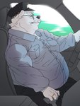 anthro belly big_belly black_nose bottomwear car clothing detailed_background eyewear facial_hair glasses hat headgear headwear humanoid_hands inside_car kemono male mature_male mustache overweight overweight_male pants shirt sitting solo topwear vehicle bluewhale127 bear mammal polar_bear ursine 2024 3:4 hi_res