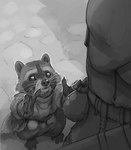 5_fingers 5_toes ambiguous_gender anthro barefoot clothed clothing coin_pouch duo feet fingers fur standing thief toes whiskers ipoke mammal procyonid raccoon 2024 greyscale monochrome sketch