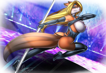anthro biped blonde_hair boots breasts clothing corset dancing female footwear hair high_heeled_boots high_heels latex legwear lingerie long_hair nipples pole pole_dancing shoes sleeves solo stockings topwear yuureikun canid canine fox mammal 2014