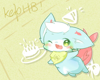 ambiguous_gender anthro birthday blue_eyes blush cake chibi dessert fish_tail flesh_fang food kemono one_eye_closed open_mouth open_smile semi-anthro smile solo wink deaic canid canine mammal 2016 5:4