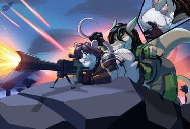 5_fingers aiming_gun aiming_weapon anal anthro armor bottomwear brown_body brown_fur brown_hair close-up clothing duo eyes_closed female female_rimmed fingers fur green_body green_eyes green_hair gun hair holding_butt holding_tail_up laser_beam male male/female male_rimming male_rimming_female oral pants ranged_weapon rifle rimming rimming_female rock sex shooting_gun sniper_rifle torn_bottomwear torn_clothing torn_pants vulva weapon white_body white_fur fennephilim_fox helldivers fantalodon alien fish mammal marine mouse murid murine rodent shark hi_res