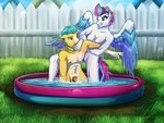 4:3 5_fingers abs absurd_res anthro anthrofied breasts cutie_mark day duo earth_pony equid equine feathered_wings feathers female fingers genitals hair hasbro hi_res hitch_trailblazer_(mlp) horse inflatable kiddie_pool lupiarts male mammal mlp_g5 muscular muscular_male my_little_pony mythological_creature mythological_equine mythology nipples nude pegasus penis pony pussy short_hair smile splash swimming_pool water white_body wings yellow_body zipp_storm_(mlp)
