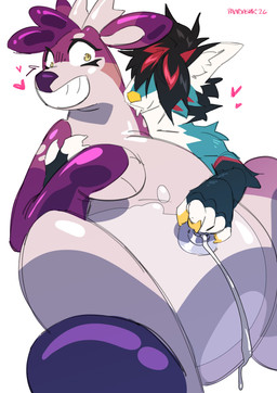 ambiguous_gender anthro belly belly_expansion belly_inflation big_belly bite blush bodily_fluids claws cum cum_drip cum_inflation cum_inside dripping duo expansion featureless_crotch fur genital_fluids glistening glistening_body hair hooves horn huge_belly inflatable inflation leaking_cum male no_genitals nude paws permanent_smile pool_toy sex simple_background size_difference smile submissive teasing thick_thighs translucent translucent_body valve_(mechanical) pandashk ash_(pandashk) ko_(character) animate_inanimate canid canine canis deer living_inflatable mammal wolf absurd_res digital_media_(artwork) hi_res