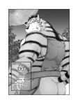 3:4 beastmen_forest biceps big_muscles border butt comic dialogue felid greyscale hi_res japanese_text male mammal monochrome muscular muscular_male neyukidou pantherine solo text tiger translated white_border