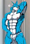 abs anthro blue_body blue_fur blush briefs bulge clothing fur licking male muscular muscular_anthro muscular_male nipples red_eyes seductive simple_background solo spd swimwear tongue tongue_out underwear white_body white_fur bearlovestiger13 dekaranger power_rangers power_rangers_spd super_sentai tokusou_sentai_dekaranger dekamaster doggie_kruger canid canine canis domestic_dog mammal wolf 2016 hi_res