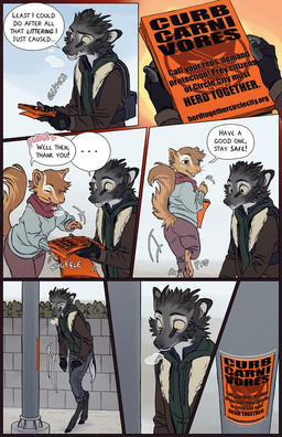 ambiguous_gender anthro barefoot biped brown_body brown_fur day dialogue digitigrade duo feet fluffy fluffy_tail fur holding_object hooves looking_at_object male motion_lines onomatopoeia outside poster poster_(object) raised_tail sidewalk sound_effects speech_bubble street tail text unguligrade walking falco_works pen_(falco_works) cervine deer mammal rodent tufted_deer 2026 comic digital_media_(artwork) english_text hi_res