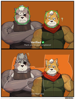anthro black_claws black_clothing black_nose black_shirt black_tank_top black_topwear claws clothing collar crossed_arms duo exclamation_point eye_patch eyebrows eyewear front_view fur green_clothing green_shirt green_topwear grey_body grey_fur male male/male muscular muscular_anthro muscular_arms muscular_male orange_background orange_body orange_fur raised_eyebrow red_scarf scarf shirt simple_background surprised tank_top text topwear verification white_body white_eyebrows white_fur meejikom face_verification_meme nintendo star_fox fox_mccloud wolf_o'donnell canid canine canis fox mammal wolf 2026 absurd_res comic digital_drawing_(artwork) digital_media_(artwork) english_description english_text hi_res meme
