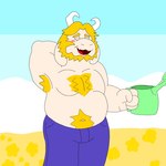 2_horns anthro armpit_hair beard belly blonde_hair bodily_fluids body_hair chest_hair clothed clothing facial_hair fur hair horn long_ears male musclegut muscular overweight overweight_anthro overweight_male raised_clothing raised_topwear shirt simple_background solo sweat topwear white_body white_fur rafaelart_br undertale_(series) asgore_dreemurr bovid caprine goat mammal 1:1 hi_res