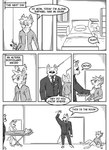 absurd_res ambiguous_gender anthro bed black_and_white braun_(kifyun2) canid canine clothed clothing comic dialogue door ear_piercing english_text flower fox furniture group hi_res inner_ear_fluff kif_yppreah kifyun2 male mammal monochrome piercing plant simple_background speech_bubble suit text tuft window