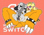 alternate_species anthro anus blonde_hair blue_eyes breasts claws controller crown dildo duo female female/female furrification genitals hair headgear horn nipples pussy scales sex_toy simple_background transformation vaginal tryfag mario_bros nintendo nintendo_switch princess_koopa princess_peach switch_dog animate_inanimate koopa scalie