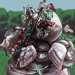 anthro armor armor_plates big_breasts big_butt bodily_fluids breasts butt clothing female gauntlets gloves handwear huge_breasts huge_butt huge_thighs hyper hyper_breasts hyper_butt solo sweat sweaty_body thick_thighs weapon wasabiiitornado canid canine mammal 1:1 hi_res