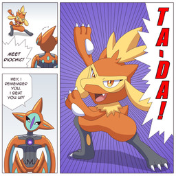 ambiguous_gender anthro dialogue duo fur fusion hair orange_body pokemon_fusion simple_background smile text ragster_(artist) nintendo pokemon attack_forme_deoxys canid canine deoxys generation_3_pokemon generation_4_pokemon humanoid hybrid legendary_pokemon mammal pokemon_(species) riolu torchic 1:1 comic digital_media_(artwork) english_text hi_res