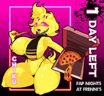 anthro beakless bikini blonde_hair clothing container female food hair machine pink_eyes pizza pizza_box solo swimwear tongue tongue_out two-piece_swimsuit yellow_body stormkinght five_nights_at_freddy's fredina's_nightclub scottgames chica_(fnaf) chiku_(cryptiacurves) animatronic avian bird chicken galliform gallus_(genus) phasianid robot 2022 digital_media_(artwork)