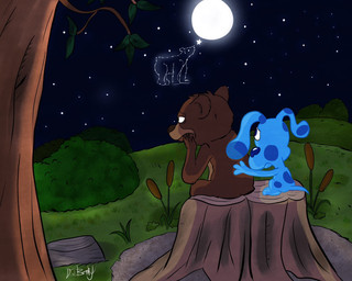 3_fingers anthro bittersweet black_eyes blue_body blue_eyes blue_fur blue_nose brown_body brown_fur brown_mouth brown_nose cattail_(plant) duo female feral fingers forest frown full_moon fur grass homage male moon mouth_closed night plant rock sitting_on_stump sitting_on_tree_stump sky star starry_sky stump tree tree_stump tribute noparking_berry blue's_clues little_bear nelvana nickelodeon blue_(blue's_clues) little_bear_(character) bear brown_bear canid canine canis domestic_dog mammal polar_bear ursine 2025 crossover digital_drawing_(artwork) digital_media_(artwork) english_description hi_res signature