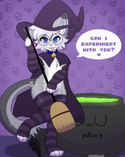 anthro arm_warmers armwear bell bell_collar blinking blue_collar blue_eyes blush bone bottomless bottomless_anthro bottomless_male broom cauldron cleaning_tool clothed clothing collar dipstick_ears dipstick_tail ear_flick ear_markings eyewear femboy footwear fur glasses gold_bell grey_body hair hat headgear headwear holidays knock-kneed leg_warmers legwear looking_at_viewer magic_user male markings multicolored_ears open_mouth pattern_armwear pattern_background pattern_clothing pattern_legwear pawpads pink_nose potion simple_background skull skull_symbol smile socks solo spots spotted_markings striped_armwear striped_clothing striped_legwear stripes tail tail_markings thigh_highs thigh_socks twitching_tail uwu witch witch_costume witch_hat alister_ik halloween nixuelle domestic_cat egyptian_mau felid feline felis mammal 2025 4:5 animated digital_media_(artwork) hi_res
