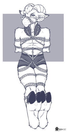 anthro barefoot bdsm bondage bound clothing feet fur gag hands_behind_back head_turned hooves horn looking_at_viewer male muzzle_(object) navel plantigrade restraints rope rope_bondage sitting soles solo underwear marcushunter fan_character bovid caprine mammal sheep 2025 hi_res signature
