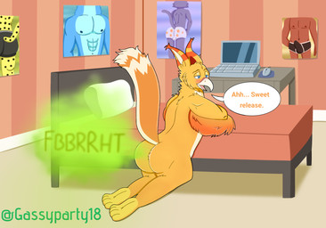 4_toes anthro beak bed bedroom blue_eyes blush blush_lines bulge butt clothing computer dialogue electronics fart fart_cloud fart_fetish feathers feet furniture green_fart_cloud half-closed_eyes inside laptop male male_farting muscular narrowed_eyes open_beak open_mouth orange_tail pecs pillow poster_(object) relaxed_expression shadow solo striped_wall tail text thin_eyebrows toes underwear white_pillow yellow_body supersonicparty18 mythology fan_character avian gryphon mythological_avian mythological_creature digital_media_(artwork) english_text hi_res