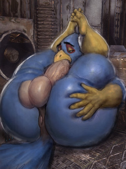 anthro anus autofellatio balls beak big_balls big_butt big_penis blue_body blue_feathers butt feathers feet genitals green_eyes hand_on_butt male masturbation metal on_ground oral oral_masturbation penile penile_masturbation penis penis_in_mouth plumage solo wide_hips yellow_beak hohohonse nintendo star_fox falco_lombardi avian 2025 hi_res
