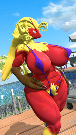 3_fingers abs anthro areola areola_slip biceps big_breasts bikini blonde_hair blue_eyes breasts clothed clothing curvy_figure detailed_background feathers female fingers hair hand_on_hip hourglass_figure huge_breasts long_hair muscular muscular_anthro muscular_female nipple_outline one-piece_swimsuit outside poolside pubes red_body red_feathers sling_bikini solo standing swimwear thick_thighs two-piece_swimsuit vein veiny_muscles voluptuous wide_hips billynr nintendo pokemon avian bird blaziken generation_3_pokemon pokemon_(species) 2020 3d_(artwork) 9:16 digital_media_(artwork) hi_res source_filmmaker_(artwork)