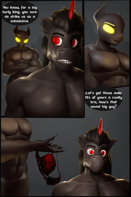 abs anthro biceps black_body black_hair bra clothing crossed_arms dialogue dirty_talk duo ear_piercing glowing glowing_eyes grey_body hair horn long_nails male male/male muscular muscular_anthro muscular_male nipples offering_object pecs piercing red_bra red_clothing red_eyes red_underwear surprised teasing text underwear yellow_eyes morethreedee morethreedee_(modeler) friendship_is_magic hasbro my_little_pony mythology king_sombra_(mlp) equid equine horse mammal mythological_creature mythological_equine unicorn 2:3 3d_(artwork) comic digital_media_(artwork) english_text hi_res