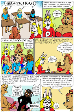 4_fingers against_desk against_furniture against_surface age_difference anthro balls beverage big_balls big_breasts big_penis black_hair blonde_hair blue_clothing blue_eyes blue_shirt blue_t-shirt blue_topwear blush border breasts brown_hair chair classroom cleavage clothed clothing comparing comparing_penis corset desk dessert dialogue doughnut erection eyewear female fingers food fully_clothed furniture genitals glans glasses green_eyes group hair humanoid_genitalia humanoid_penis inside lingerie male nude older_female on_chair pastry penis penis_size_difference red_glans red_penis school school_uniform shirt sitting speech_bubble student t-shirt table teacher text topwear uniform vein veiny_penis white_border young younger_male karno bear canid canine canis domestic_pig equid fox lagomorph leporid mammal mouse murid murine rabbit rodent suid suine sus_(pig) wolf 2016 comic english_text