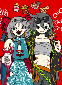 arm_around_shoulders belt black_clothing black_jacket black_topwear blue_bottomwear blue_clothing blue_skirt blue_topwear blue_vest bottomwear bovid_horn burger candy caprine_horn chest_wraps clothed clothing collarbone container cup dessert drinking_straw duo ear_piercing ear_ring eyewear eyewear_on_head female food fries grey_bottomwear grey_clothing grey_pants hand_on_another's_shoulder hand_on_shoulder holding_candy holding_container holding_cup holding_food holding_lollipop holding_object hoop_ear_ring horn humanoid_pointy_ears jacket lollipop midriff navel noodles open_clothing open_jacket open_mouth open_topwear orange_belt pants piercing pizza pointy_ears ramen red_background red_eyes red_horn ring_piercing sharp_teeth simple_background skirt smile sunglasses sunglasses_on_head tattoo teeth topwear vest wearing_sunglasses wraps neruzou touhou momoyo_himemushi yuuma_toutetsu animal_humanoid bovid bovid_humanoid caprine caprine_humanoid horned_humanoid human humanoid mammal mammal_humanoid hi_res