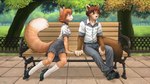 16:9 2013 5_fingers anthro belt bench biped black_clothing black_footwear black_high_heels blue_eyes bored bottomwear breasts brown_body brown_eyes brown_fur brown_hair brown_nose clothed clothing collar detailed_background digital_media_(artwork) dipstick_tail domestic_cat duo english_text felid feline felis female fingers fluffy fluffy_tail footwear frown fur grass hair hi_res high_heels iskra konrad_zengel leaning leaning_forward legwear looking_at_another looking_away male mammal markings multicolored_body multicolored_fur multicolored_tail on_bench outside pants park pink_nose plant playful pleated_skirt pumps school_uniform shaded shakumi shirt shoes sitting skirt smile socks tail tail_markings text topwear tree two_tone_body two_tone_fur uniform vera_(iskra) whiskers white_body white_fur wide_hips widescreen