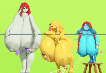 5_fingers anthro areola big_breasts big_nipples biped blonde_hair blue_body blush bodily_fluids breast_milking breast_squeeze breasts disembodied_hand eye_through_hair eyebrows eyelashes fangs feet female fingers floppy_ears front_view furniture green_background group hair hand_on_breast huge_breasts huge_nipples hyper hyper_breasts hyper_nipples lactating long_hair looking_at_another lop_ears machine monotone_body nipples nude nude_female obscured_eyes open_mouth pink_eyes red_eyes red_hair sagging_breasts simple_background snout squeezing standing stool teeth text tongue tongue_out toothy_grin translucent translucent_hair white_body white_ears yellow_body dibujosv12 3v4 canid canine canis domestic_dog humanoid lagomorph leporid mammal rabbit robot robot_humanoid 2025 absurd_res artist_name digital_drawing_(artwork) digital_media_(artwork) hi_res