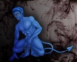 abs abstract_background balls biped blue_body blue_hair blue_skin butt censored cool_colors genitals hair happy humanoid inferior_version male marvel mosaic_censorship muscular muscular_humanoid muscular_male nightcrawler not_furry nude pecs penis simple_background smoke solo tail uncensor_request unknown_artist x-men