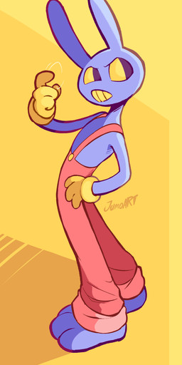anthro clothing feet gloves hand_on_hip handwear male overalls purple_body solo teeth yellow_eyes jamoart glitch_productions the_amazing_digital_circus jax_(tadc) lagomorph leporid mammal rabbit 2026 absurd_res hi_res