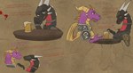 alcohol armor beer beer_glass beverage claws dialogue duo female feral furniture hand_on_head horn jewelry male multi_horn necklace table text wings apollyondragon activision mythology spyro_the_dragon cynder spyro dragon mythological_creature mythological_scalie scalie 2023 comic digital_drawing_(artwork) digital_media_(artwork) english_text half-length_portrait hi_res portrait