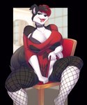 5_fingers big_breasts black_hair breasts cleavage clothed clothing collar female fingers fishnet_clothing fishnet_legwear hair huge_breasts legwear open_mouth red_hair smile teeth tongue knight_dd canid canine canis domestic_dog mammal 2022 digital_media_(artwork) hi_res