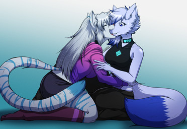 anthro bite black_bottomwear black_clothing black_topwear blue_body blue_eyes blue_fur blue_hair blue_tail bodily_fluids bodysuit bottomwear breasts cargo_pants claws clothed clothing collar duo female fingers footwear fur hair hoodie long_socks muzzle_in_mouth nom pants pink_clothing pink_topwear playful purple_clothing purple_footwear purple_socks purple_topwear simple_background skinsuit smile socks sweat sweatdrop tail teeth tight_clothing topwear white_body white_fur white_hair white_tail okatok0 alley_(alley_kat_meow) amber_puppy canid canine canis domestic_cat felid feline felis mammal wolf gynomorph_(lore) herm_(lore)